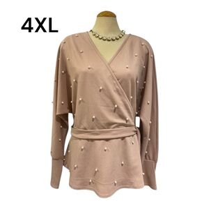 SHEIN CURVE Blouse Size 4XL Dusty Pink with Front Pearl Embellishments
